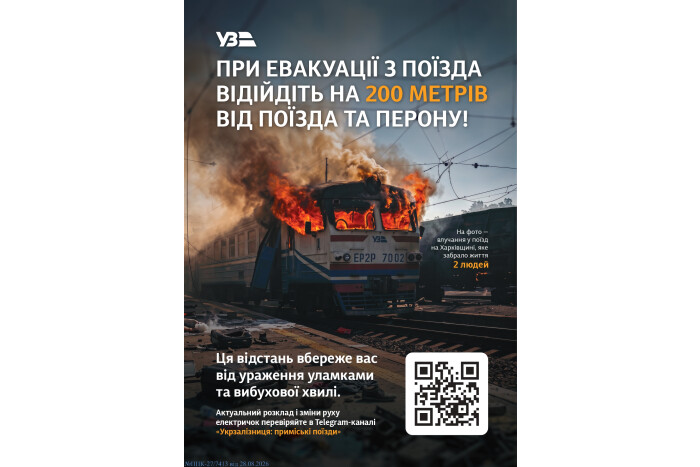 При евакуації з поїзда відійдіть не менше ніж на 200 метрів від поїзда та перону!